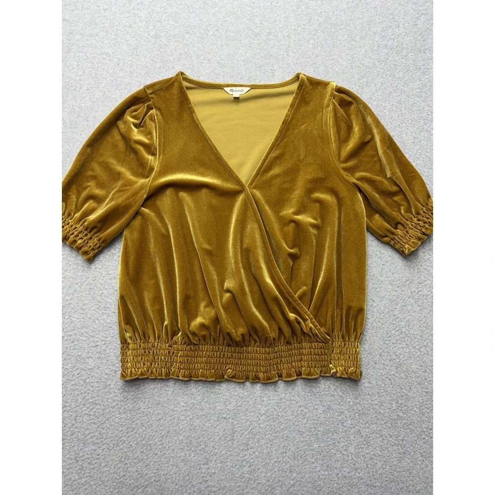 Madewell Blouse Womens Small Gold Velvet Wrap V Neck Top Puff Sleeve Smocked Hem